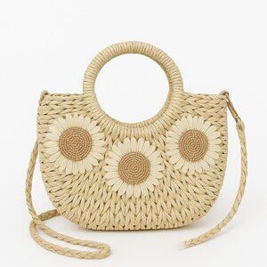 Durable Bamboo Straw Handbag with Flowers